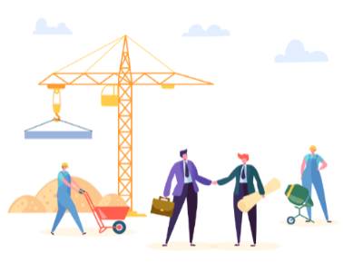 icono con trabajadores en una obra con grúa en el fondo