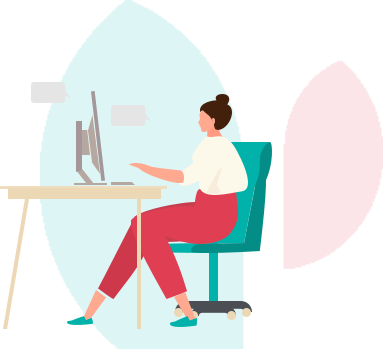 ilustración mujer trabajando en escritorio con fondo logo Quirónsalud